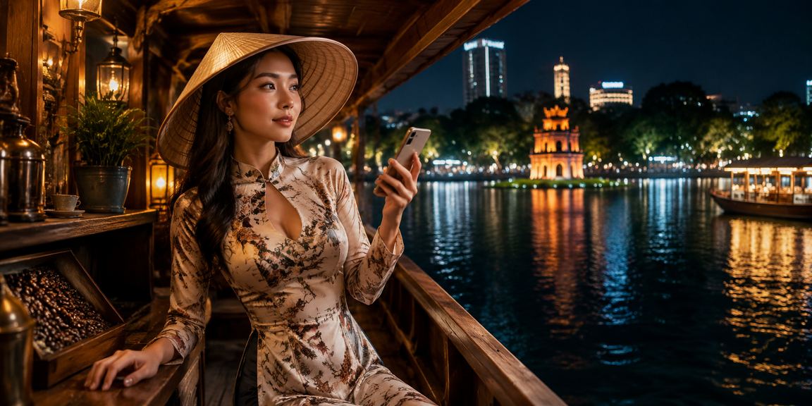 Người dùng Hà Nội sử dụng điện thoại di động truy cập casino trực tuyến với nón lá truyền thống